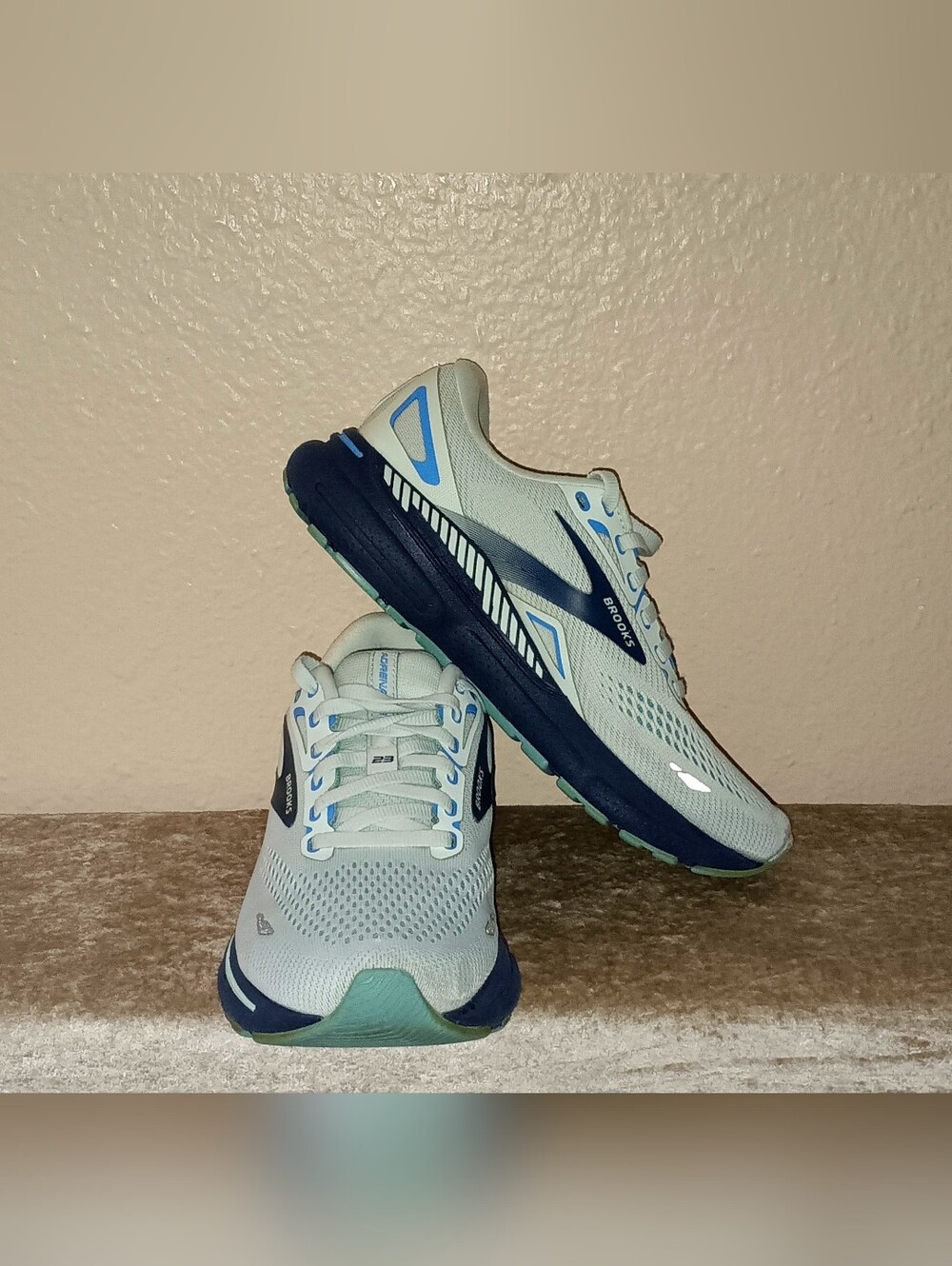 Brooks Adrenaline GTS 23 Gray Blue Shoes with a slight discoloration on left toe
